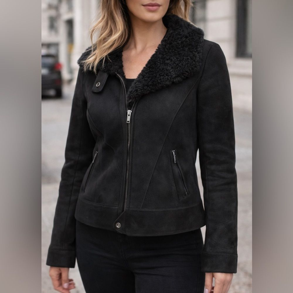 DKNY Black Faux Shearling Moto Jacket Fur Collar Zip Coat Women